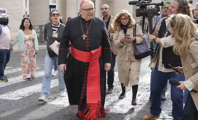 Cardinal Francesco Montenegro arrives for a college of cardinals' meeting at the Vatican, Thursday, April 24, 2025. (AP Photo/Andrew Medichini)