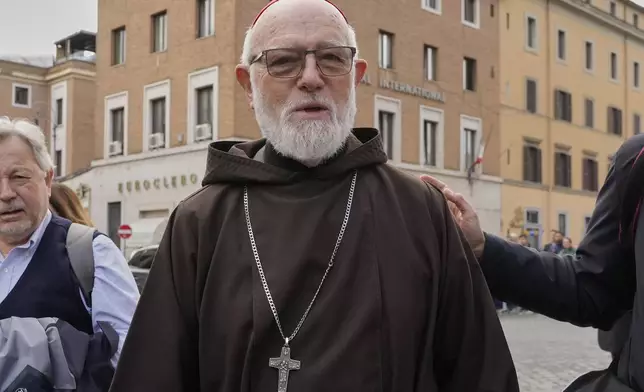 Cardinal Seán Patrick O'Malley arrives for a college of cardinals' meeting, at the Vatican, Monday, April 28, 2025. (AP Photo/Gregorio Borgia)
