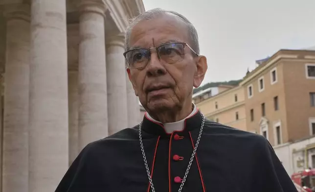 Cardinal Gregorio Rosa Chávez arrives for a college of cardinals' meeting, at the Vatican, Monday, April 28, 2025. (AP Photo/Gregorio Borgia)