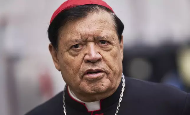 Cardinal Norberto Rivera Carrera exits the college of cardinals' meeting, at the Vatican, Thursday, April 24, 2025. (AP Photo/Bernat Armangue)