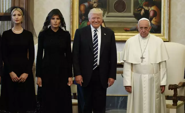 Ivanka Trump, first lady Melania Trump, and President Donald Trump stand with Pope Francis during a meeting, Wednesday, May 24, 2017, at the Vatican. (AP Photo/Evan Vucci, File)