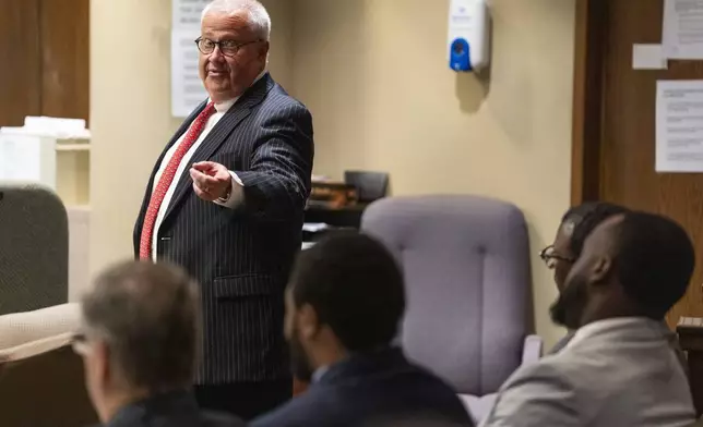 Defense attorney Martin Zummach, the defense attorney for former Memphis Police Department officer Justin Smith Jr., points to former officer Tadarrius Bean, as Judge James Jones Jr. hears motion arguments prior to the start of the criminal trial for the death of Tyre Nichols at 201 Poplar in Memphis, Tenn., on Monday, April 28, 2025. (Chris Day/ Commercial Appeal/USA Today Network, via AP, Pool)