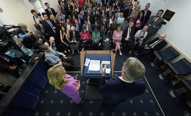 White House press secretary Karoline Leavitt and Treasury Secretary Scott Bessent participate in a press briefing at the White House, Tuesday, April 29, 2025, in Washington. (AP Photo/Evan Vucci)