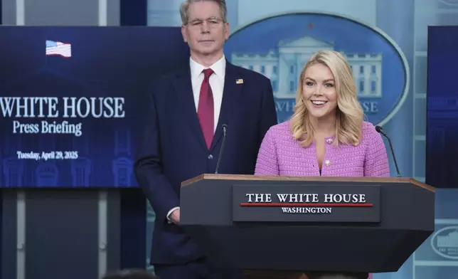White House press secretary Karoline Leavitt speaks during a briefing with Treasury Secretary Scott Bessent at the White House, Tuesday, April 29, 2025, in Washington. (AP Photo/Evan Vucci)