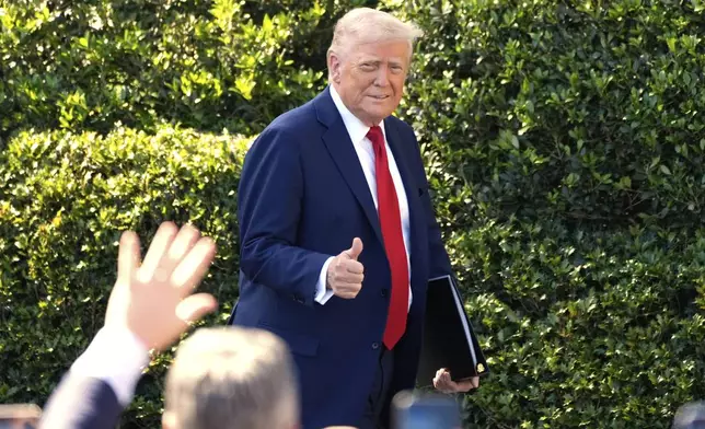 President Donald Trump arrives to welcome the Super Bowl champion Philadelphia Eagles NFL football team to the South Lawn of the White House, Monday, April 28, 2025, in Washington. (AP Photo/Alex Brandon)