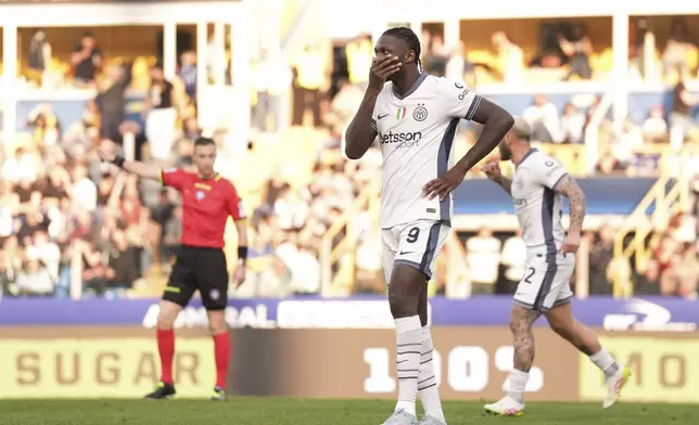 Inter Milan's Marcus Thuram celebrates scoring his side's second goal during the Serie A soccer match between Parma and Inter, at the Ennio Tardini Stadium in Parma, Italy, Saturday April 5, 2025. (Massimo Paolone/LaPresse via AP)