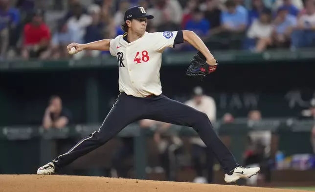 Texas Rangers starting pitcher Jacob deGrom throws a pitch to the Los Angeles Dodgers during the second inning of a baseball game Friday, April 18, 2025, in Arlington, Texas. (AP Photo/Julio Cortez)