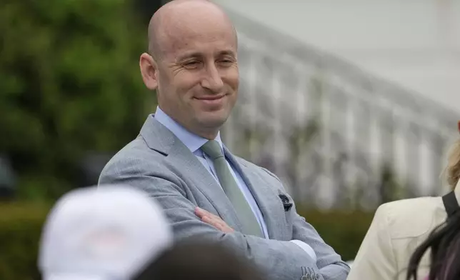 White House deputy chief of staff for policy Stephen Miller arrives on the South Lawn of the White House before President Donald Trump and first lady Melania Trump participate in the White House Easter Egg Roll Monday, April 21, 2025, in Washington. (AP Photo/Alex Brandon)