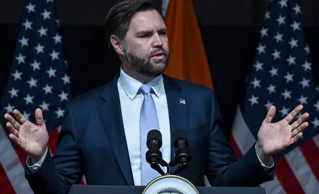 U.S. Vice President JD Vance delivers remarks at the Rajasthan International Centre in Jaipur, India, on Tuesday, April 22, 2025. (Kenny Holston /The New York Times via AP, Pool)