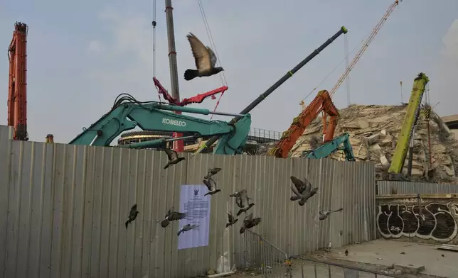 Birds fly past the site of an under construction high-rise building that collapsed after an earthquake in Bangkok, Thailand, Wednesday, April 2, 2025. (AP Photo/Manish Swarup)