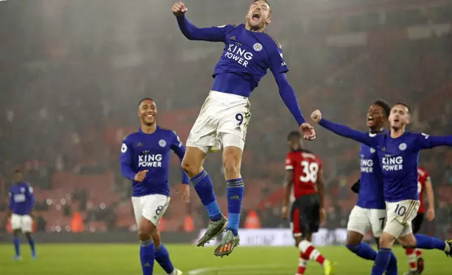 FILE - Leicester's Jamie Vardy celebrates scoring his side's ninth goal during the English Premier League soccer match between Southampton and Leicester City at St Mary's stadium in Southampton, England Friday, Oct., 25, 2019. (AP Photo/Alastair Grant, File)