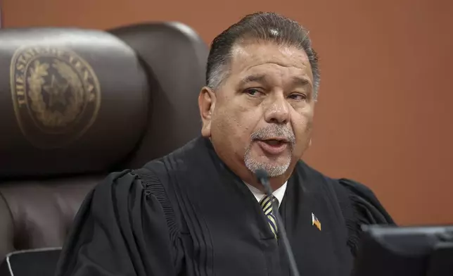 Judge Sam Medrano speaks during a hearing for Patrick Crusius, the Walmart mass shooter, in the 409th district Commissioners Courtroom at the Enrique Moreno County Courthosue in El Paso, Texas, April 21, 2025. (Ruben R. Ramirez/Pool Photo via AP)