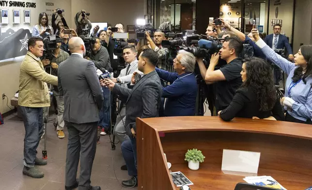 El Paso District Attorney James Montoya talks to media outside the 409th District Court after Patrick Crusius pleaded guilty in the death of 23 people in the Aug. 3. 2019 Walmart Mass shooting, Monday, April 21, 2025, in El Paso, Texas. (AP Photo/Ivan Pierre Aguirre)