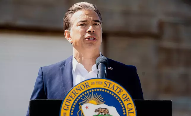 California Attorney General Rob Bonta discusses President Donald Trump's tariffs during a press conference on Wednesday, April 16, 2025, at an almond farm in Ceres, Calif. (AP Photo/Noah Berger)