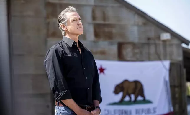 California Gov. Gavin Newsom stands in front of a state flag during a press conference about President Donald Trump's tariffs on Wednesday, April 16, 2025, at an almond farm in Ceres, Calif. (AP Photo/Noah Berger)