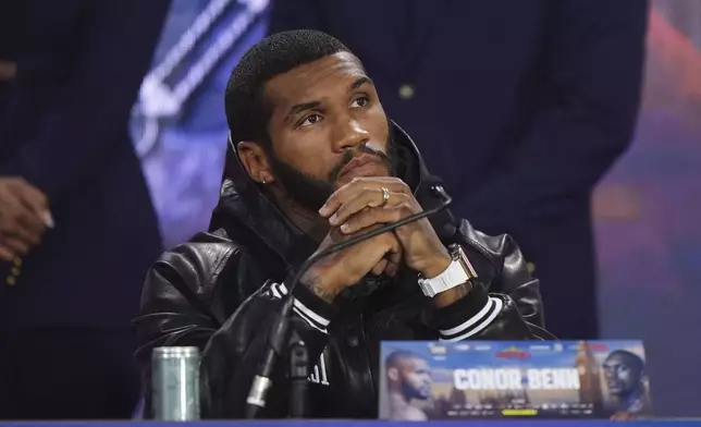 Conor Benn looks on during a press conference at The Tottenham Hotspur Stadium in London, Thursday April 24, 2025, two days ahead of his fight against Chris Eubank Jr. (Bradley Collyer/PA via AP)