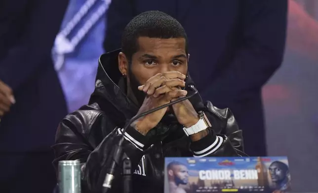 Conor Benn looks on during a press conference at The Tottenham Hotspur Stadium in London, Thursday April 24, 2025, two days ahead of his fight against Chris Eubank Jr. (Bradley Collyer/PA via AP)
