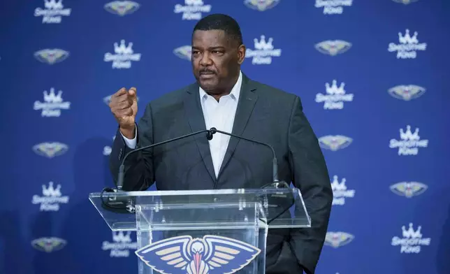 Joe Dumars, the New Orleans Pelicans new executive vice president of basketball operations, speaks at his introductory press conference in Metairie, La., Tuesday, April 22, 2025. (AP Photo/Matthew Hinton)