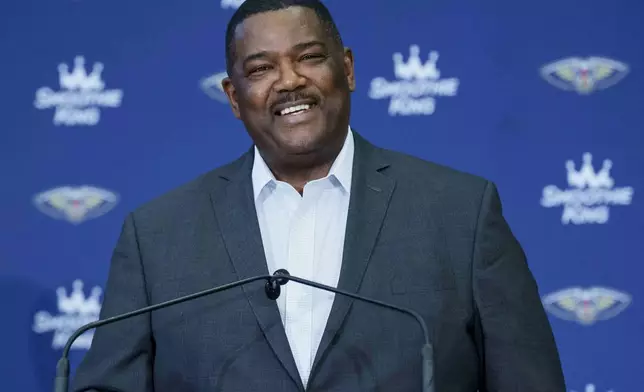 Joe Dumars, the New Orleans Pelicans new executive vice president of basketball operations, speaks at his introductory press conference in Metairie, La., Tuesday, April 22, 2025. (AP Photo/Matthew Hinton)