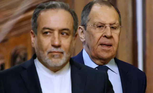Iranian Foreign Minister Abbas Araghchi, foreground and Russian Foreign Minister Sergey Lavrov attend a news conference following their meeting in Moscow, Russia, Friday, April 18, 2025. (Tatyana Makeyeva/Pool Photo via AP)