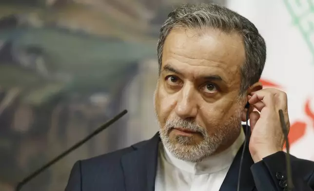 Iranian Foreign Minister Abbas Araghchi attends a news conference following his meeting with Russian Foreign Minister Sergey Lavrov in Moscow, Russia, Friday, April 18, 2025. (Tatyana Makeyeva/Pool Photo via AP)