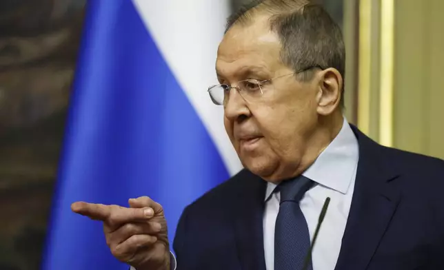 Russian Foreign Minister Sergey Lavrov gestures during a news conference following his meeting with Iranian Foreign Minister Abbas Araghchi in Moscow, Russia, Friday, April 18, 2025. (Tatyana Makeyeva/Pool Photo via AP)