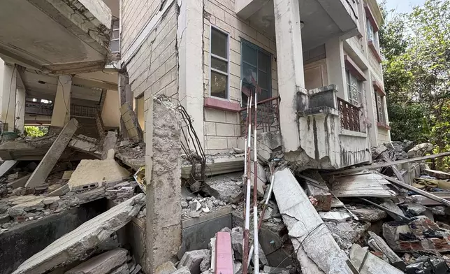 A damaged building is seen in Naypyitaw, Myanmar, Monday, April 28, 2025, one month after the earthquake. (AP Photo/Aung Shine Oo)