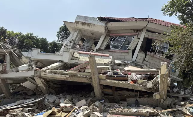 A damaged building is seen in Naypyitaw, Myanmar, Monday, April 28, 2025, one month after the earthquake. (AP Photo/Aung Shine Oo)