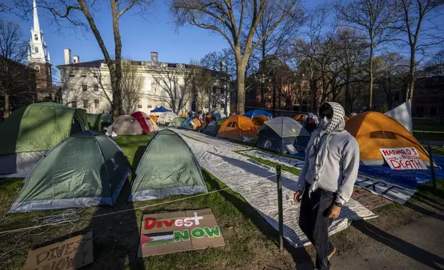 FILE - A student protester against the war in Gaza walks past tents and banners in an encampment in Harvard Yard, at Harvard University in Cambridge, Mass., on April 25, 2024. (AP Photo/Ben Curtis, file)