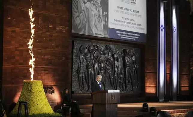 Israeli Prime Minister Benjamin Netanyahu speaks during the opening ceremony of the Holocaust Remembrance Day at the Yad Vashem Holocaust Memorial Museum in Jerusalem on Wednesday, April 23, 2025. (AP Photo/Leo Correa)