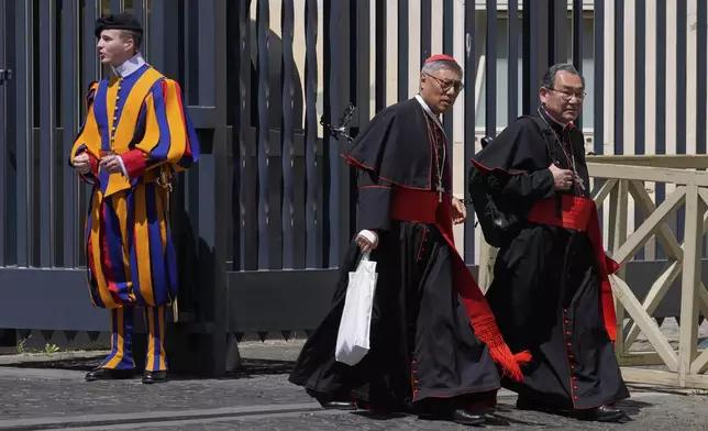 Cardinals Tarcisio Isao Kikuchi, right, and Stephen Chow Sau-yan leave at the end of a college of cardinals' meeting, at the Vatican, Tuesday, April 29, 2025. (AP Photo/Gregorio Borgia)