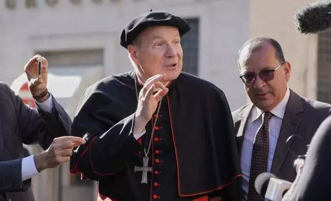 Austrian Cardinal Christoph Schönborn arrives for a college of cardinals' meeting, at the Vatican, Wednesday, April 30, 2025. (AP Photo/Gregorio Borgia)