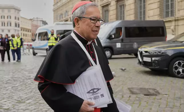 Colombian Cardinal Luis José Rueda Aparicio arrives for a college of cardinals' meeting, at the Vatican, Monday, April 28, 2025. (AP Photo/Gregorio Borgia)