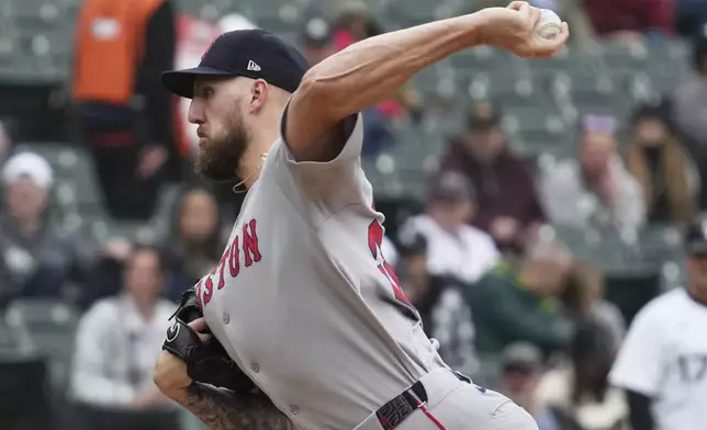 Boston Red Sox starting pitcher Garrett Crochet throws against the Chicago White Sox during the first inning of a baseball game in Chicago, Sunday, April 13, 2025. (AP Photo/Nam Y. Huh)