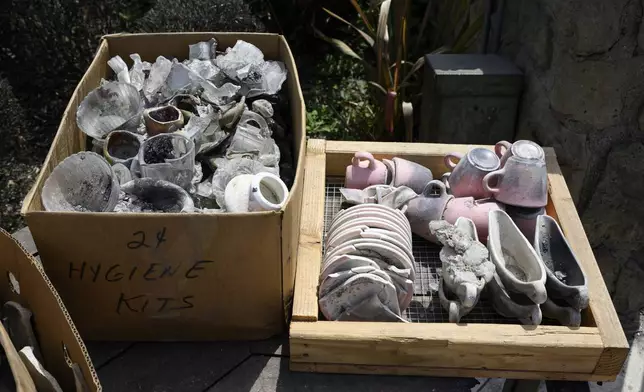 Debris recovered from the Community United Methodist Church of the Pacific Palisades, Friday, April 18, 2025, in the Pacific Palisades area of Los Angeles. (AP Photo/William Liang)