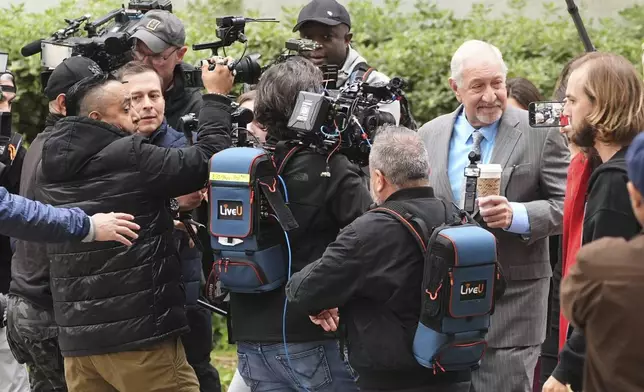 Attorney Mark Geragos, representing Erik and Lyle Menendez, arrives for a hearing in their case Thursday, April 17, 2025, in Los Angeles. (AP Photo/Damian Dovarganes)