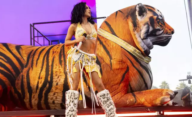 Becky G performs during the first weekend of the Coachella Valley Music and Arts Festival at the Empire Polo Club on Friday, April 11, 2025, in Indio, Calif. (Photo by Amy Harris/Invision/AP)