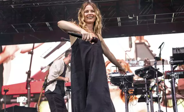 Talulah Ruby performs with Maribou State during the first weekend of the Coachella Valley Music and Arts Festival at the Empire Polo Club on Friday, April 11, 2025, in Indio, Calif. (Photo by Amy Harris/Invision/AP)
