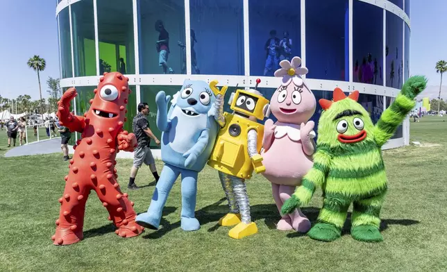 Muno, from left, Toodee, Plex, Foofa, and Brobee of Yo Gabba Gabba pose during the first weekend of the Coachella Valley Music and Arts Festival at the Empire Polo Club on Friday, April 11, 2025, in Indio, Calif. (Photo by Amy Harris/Invision/AP)