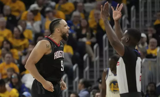 Houston Rockets forward Dillon Brooks reacts after scoring against the Golden State Warriors during the first half of Game 3 of an NBA basketball first-round playoff series in San Francisco, Saturday, April 26, 2025. (AP Photo/Jeff Chiu)
