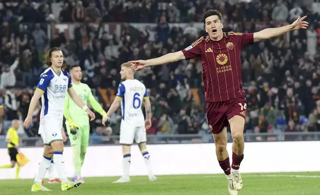 Roma's Eldor Shomurodov celebrates scoring during the Serie A soccer match between Roma and Hellas Verona at the Rome's Olympic stadium, Italy, Saturday April 19, 2025. (Alfredo Falcone/LaPresse via AP)