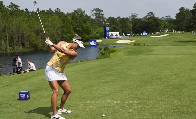Lexi Thompson hits on the 17th hole during the first round of the Chevron Championship LPGA golf tournament Thursday, April 24, 2025, in The Woodlands, Texas. (AP Photo/Ashley Landis)