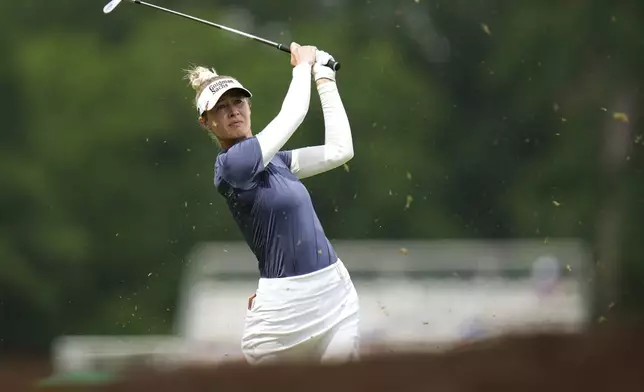 Nelly Korda hits on the 11th hole during the second round of the Chevron Championship LPGA golf tournament Friday, April 25, 2025, in The Woodlands, Texas. (AP Photo/Eric Gay)