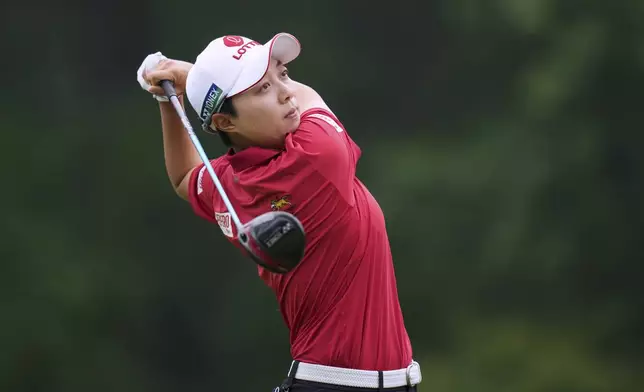 Hyo Joo Kim, of South Korea, hits on the tenth hole during the second round of the Chevron Championship LPGA golf tournament Friday, April 25, 2025, in The Woodlands, Texas. (AP Photo/Eric Gay)