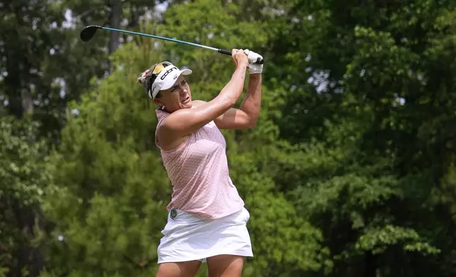 Lexi Thompson hits on the sixth hole during the second round of the Chevron Championship LPGA golf tournament Friday, April 25, 2025, in The Woodlands, Texas. (AP Photo/Ashley Landis)
