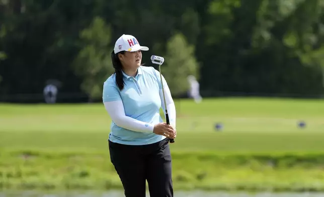 Angel Yin reacts on the fifth hole during the second round of the Chevron Championship LPGA golf tournament Friday, April 25, 2025, in The Woodlands, Texas. (AP Photo/Ashley Landis)