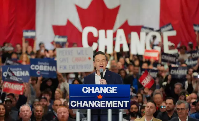Conservative leader Pierre Poilievre holds a Canada First Rally For Change, in Vaughan, Ontario, April 22, 2025. (Chris Young/The Canadian Press via AP File)