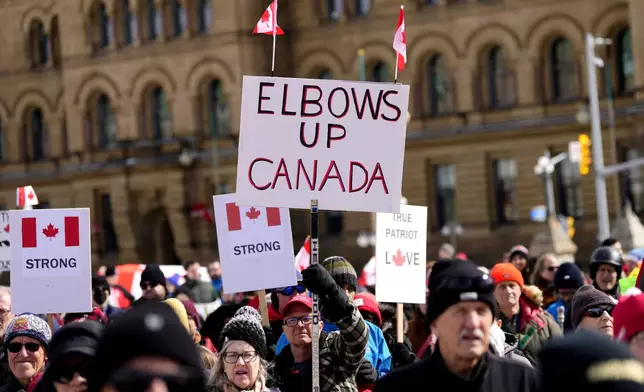 FILE - People rally in response to U.S. President Donald Trump's threats to Canadian sovereignty on Parliament Hill in Ottawa, March 9, 2025. (Justin Tang/The Canadian Press via AP File)