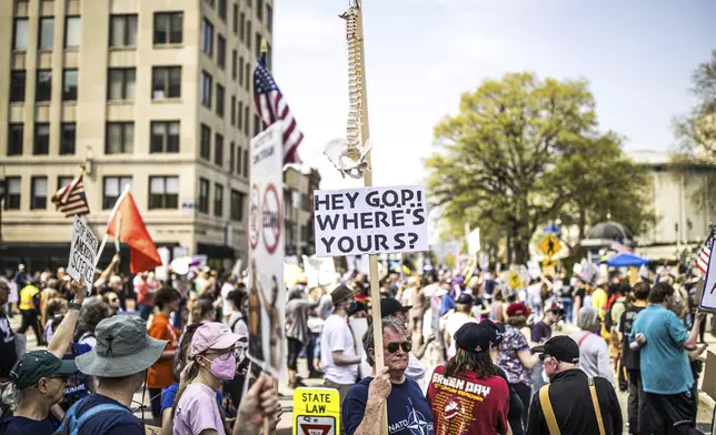Protesters rally at the state capitol in Harrisburg, Pa., during the Day of Action protest against the Trump Administration. Saturday, April 19, 2025. (Zach Gleiter/The Patriot-News via AP)