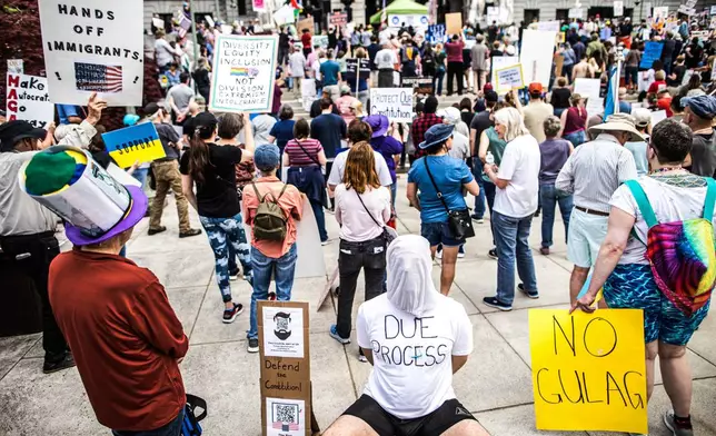 Protesters rally at the state capitol in Harrisburg, Pa., during the Day of Action protest against the Trump Administration. Saturday, April 19, 2025. (Zach Gleiter/The Patriot-News via AP)